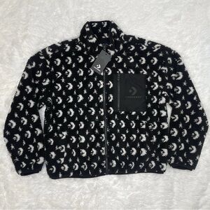 Converse Womens Size M Medium Full Zip Fleece Jacket Black Printed Lined New NWT